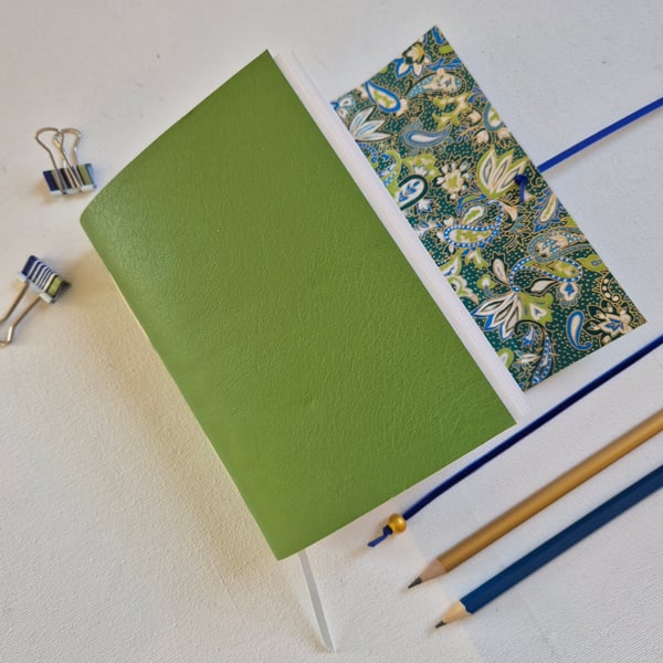 Green Leather Journal, lined with Paisley Chiyogami Pattern, A6 Notebook