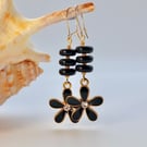 Black & Gold Glass Earrings With Flower Charm, Birthday, Anniversary Gift 