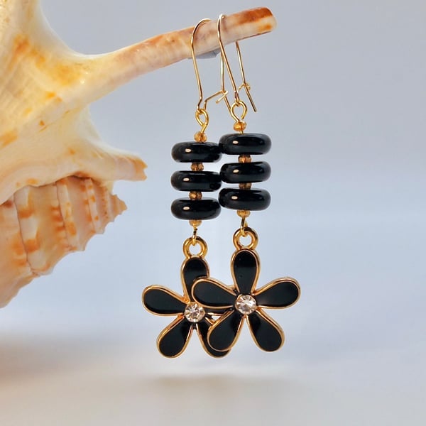 Black & Gold Glass Earrings With Flower Charm, Birthday, Anniversary Gift 