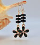 Black & Gold Glass Earrings With Flower Charm, Birthday, Anniversary Gift 
