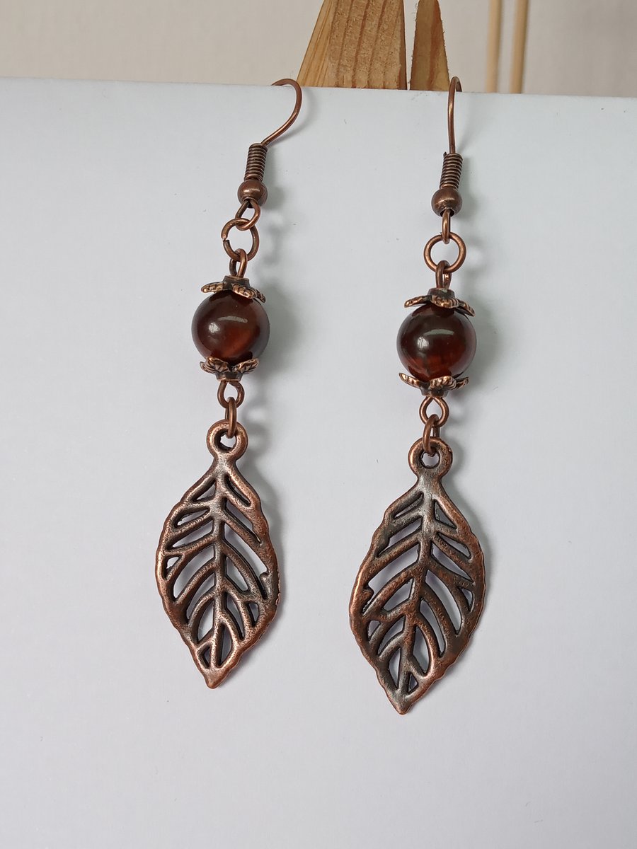 Red Tiger's Eye Leaf Earrings in Antique Red Copper - 3 closures to choose from
