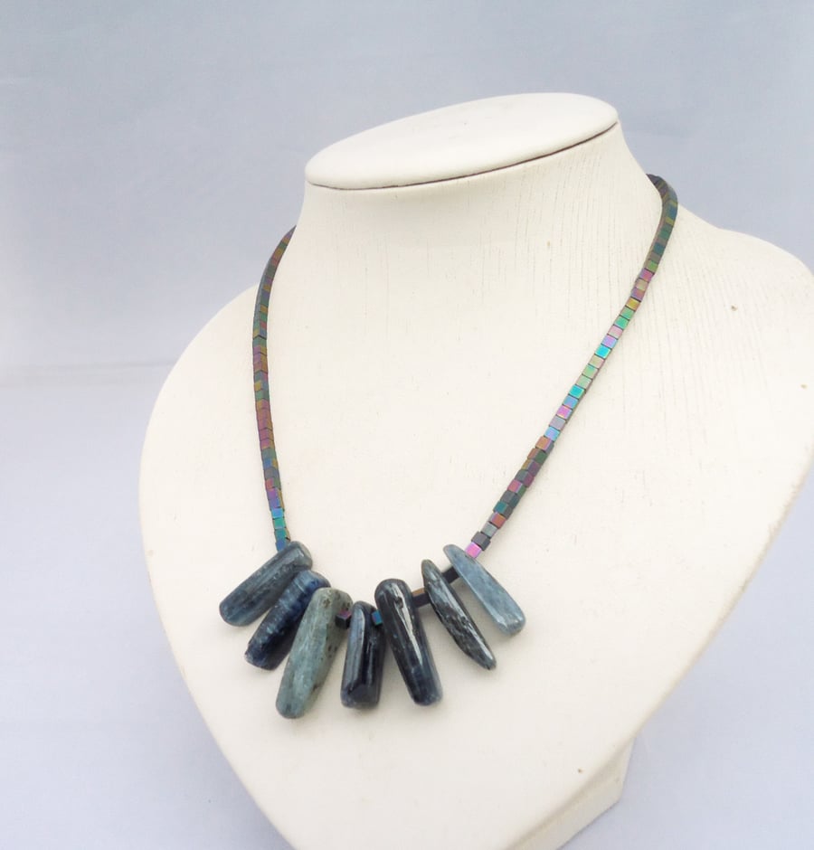 Natural Kyanite and Hematite Necklace, Blue Natural Kyanite Necklace, Gemstone 