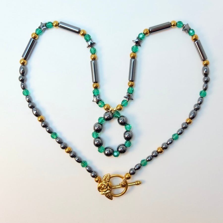 Hematite And Emerald Green Glass Necklace - Handmade In Devon