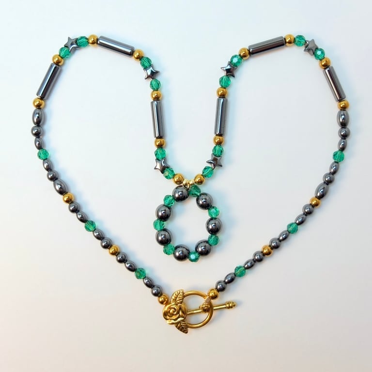 Hematite And Emerald Green Glass Necklace - Handmade In Devon