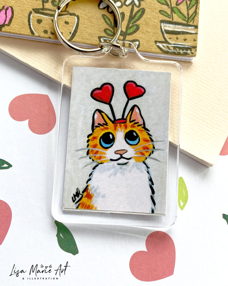Ginger Cat Valentine Keyring – Cute Acrylic Kitty with Heart Headband