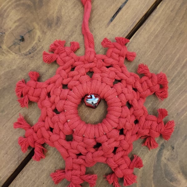 Red Macrame Snowflake Christmas Decoration 