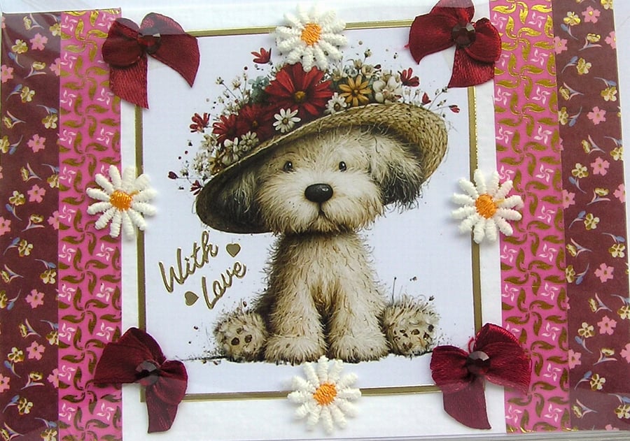 Puppy Dog Wearing a Bonnet - Hand Crafted Decoupage Card - With Love 3250
