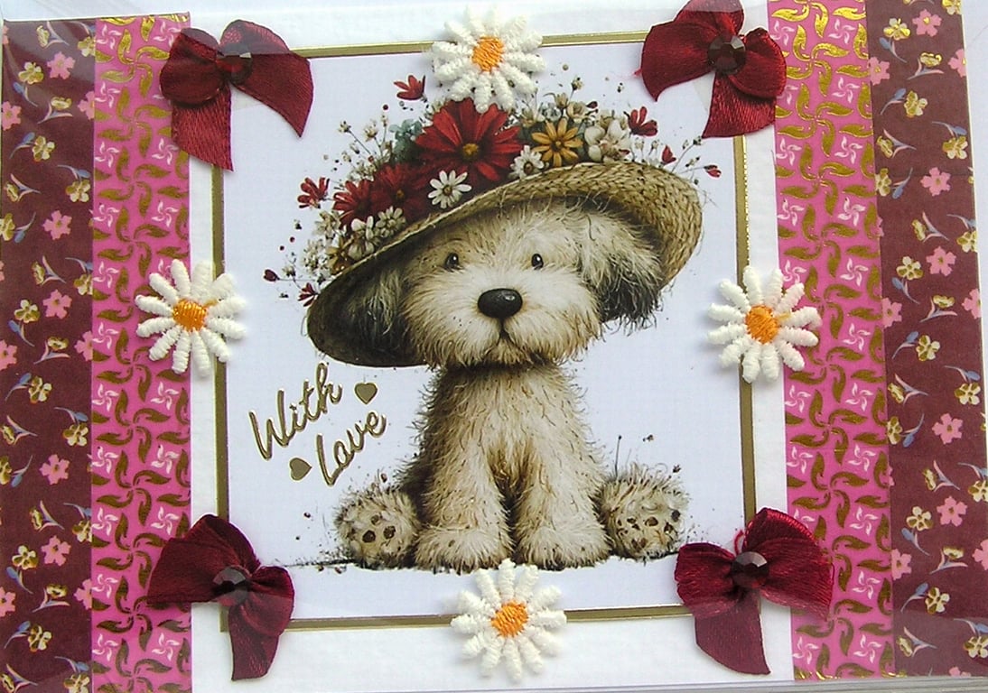 Puppy Dog Wearing a Bonnet - Hand Crafted Decoupage Card - With Love 3250