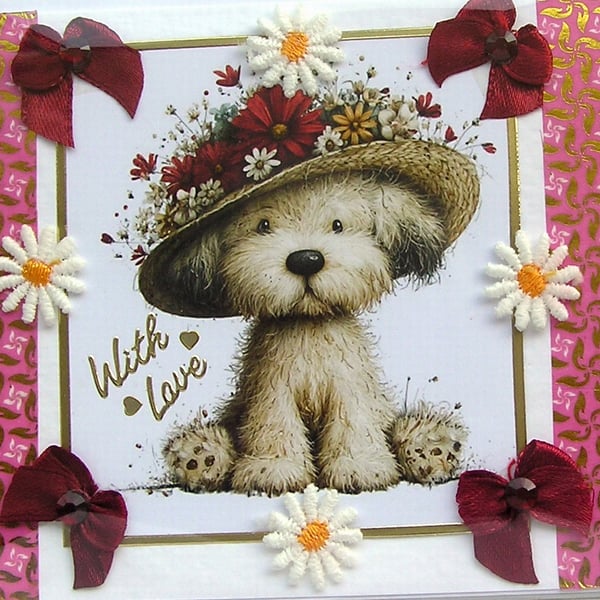 Puppy Dog Wearing a Bonnet - Hand Crafted Decoupage Card - With Love 3250