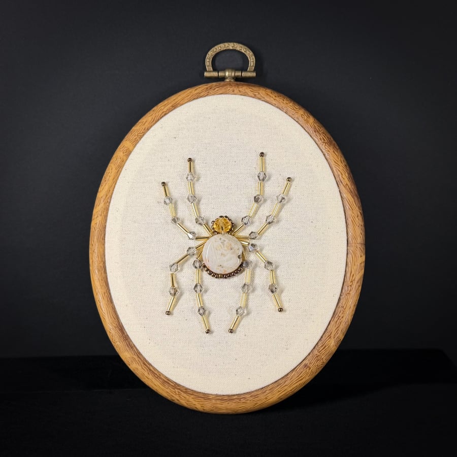 Spider Beaded Embroidery Wall Hanging - Gold Colour Way Crazy Lace Agate