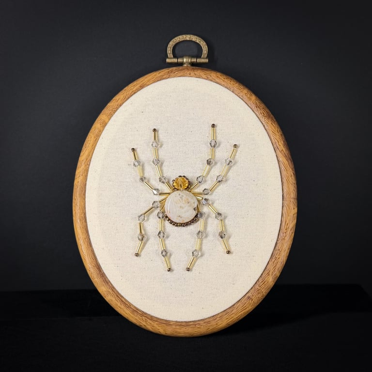 Spider Beaded Embroidery Wall Hanging - Gold Colour Way Crazy Lace Agate