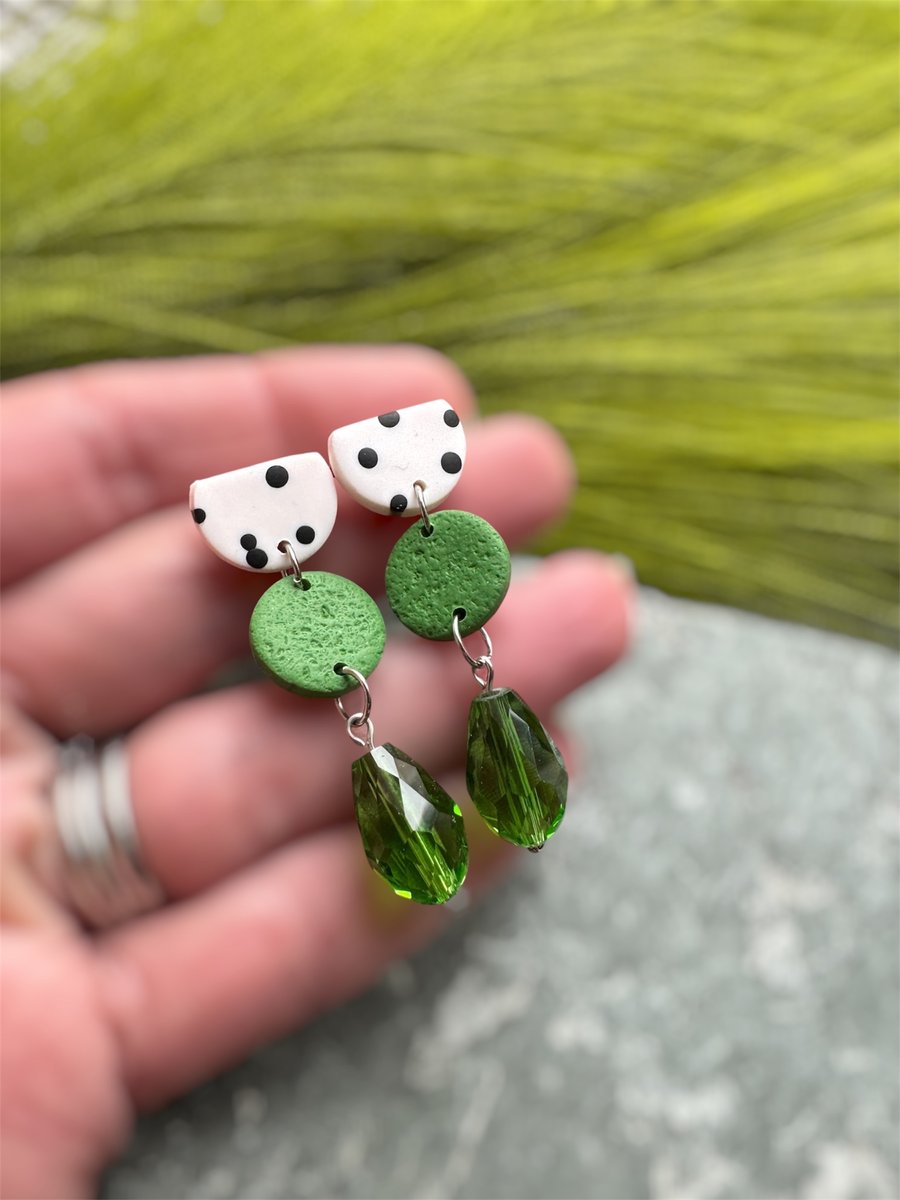 Polka Dots and Green Drop Polymer Clay Earrings
