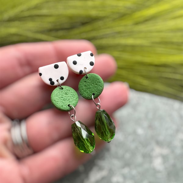 Polka Dots and Green Drop Polymer Clay Earrings
