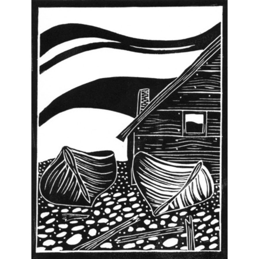 Original lino cut print "Fishing boats and hut on Faro" 
