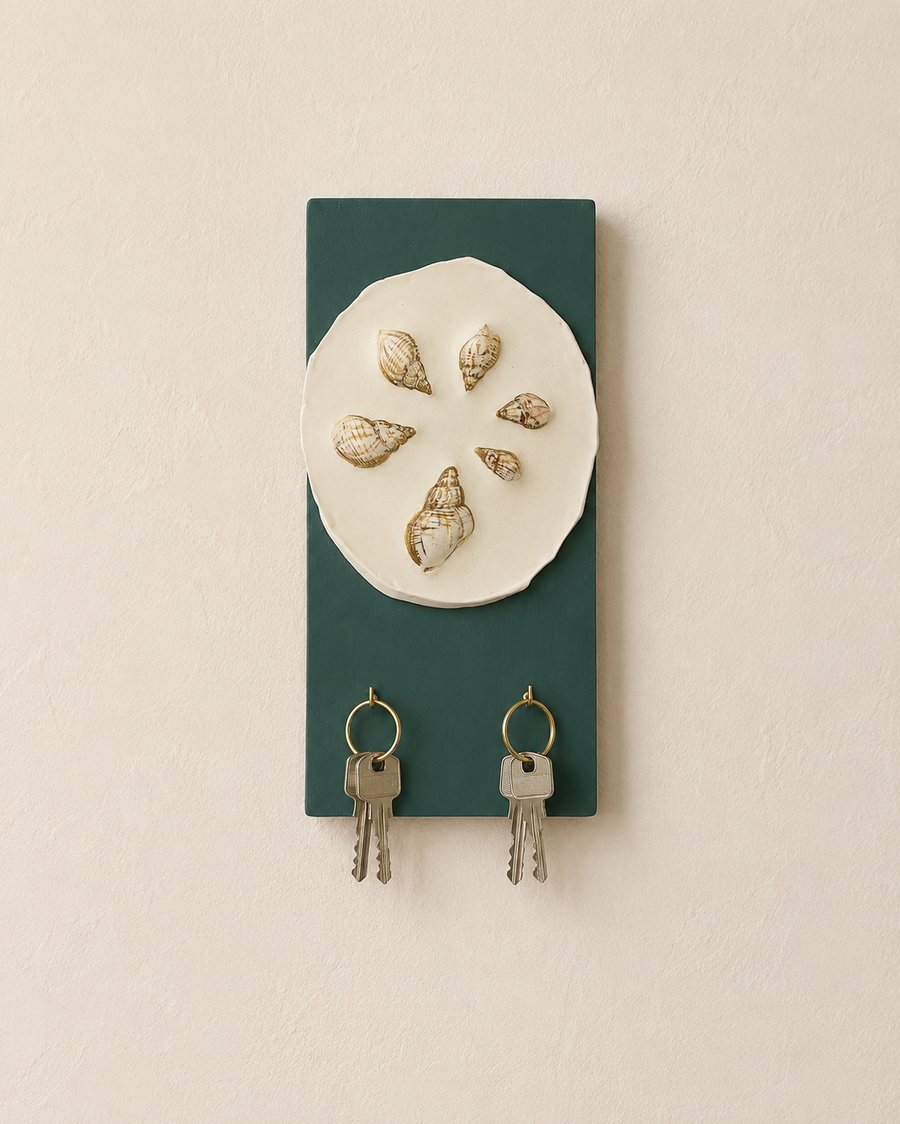 Handmade Plaster Seashell Key Holder - Coastal Entryway Decor - Turquoise Green