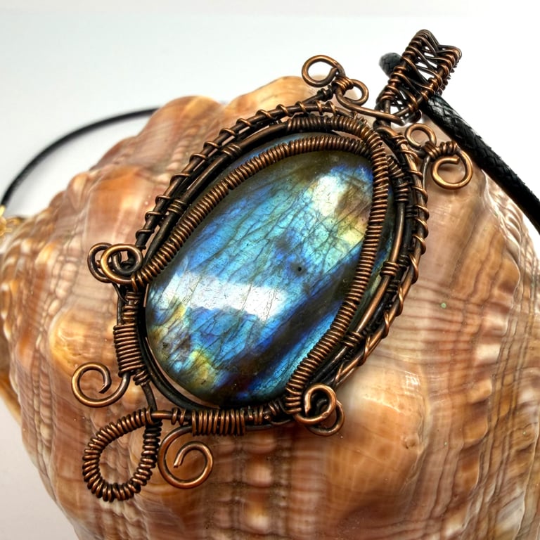 Love Tokens: Copper Wire Wrapped Labradorite Pendant On Waxed Cord Necklace