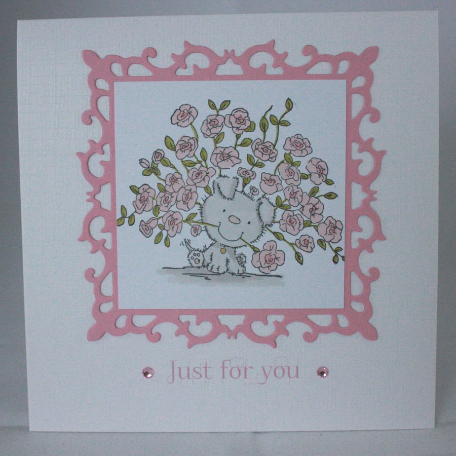 Handmade birthday card - dog with pink rose bouquet