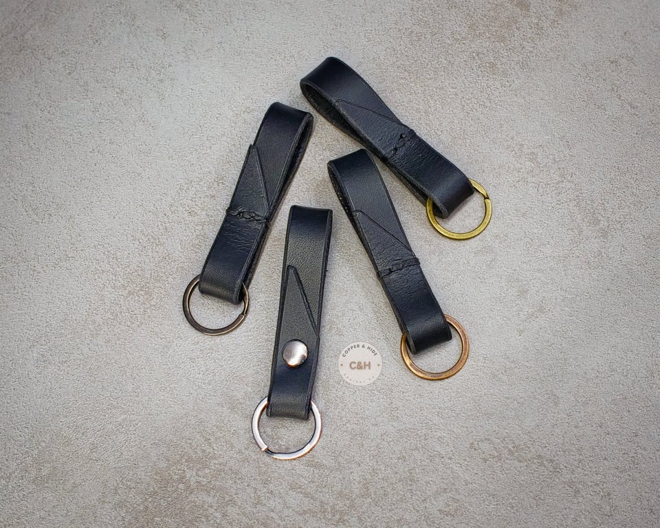 Handmade Full Grain Leather Loop Key Fob - Minimalist Black Keyring