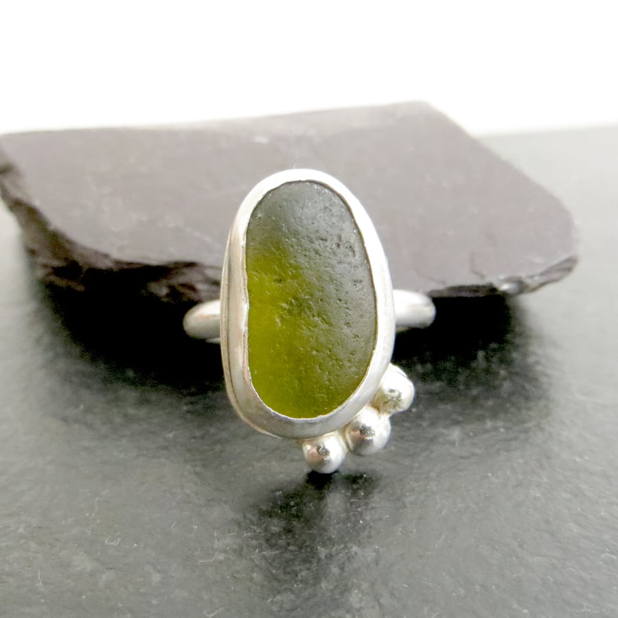 Green sea glass ring, Size P, Olive seaglass