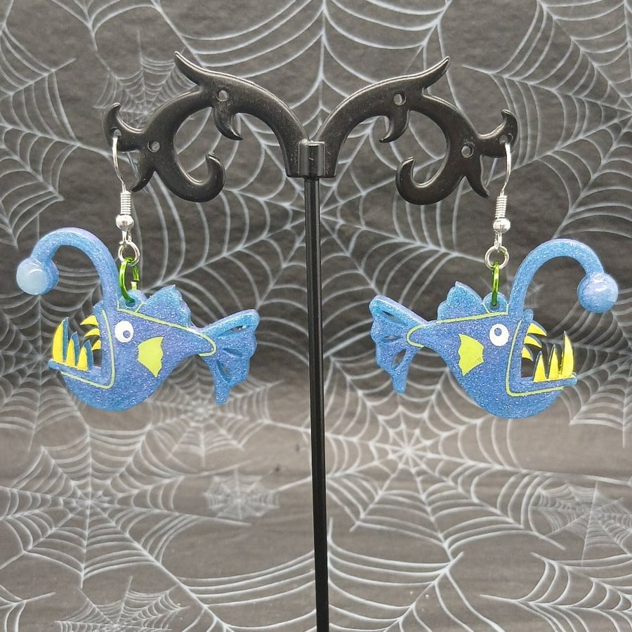 Angler Fish Dangle Earrings, Glow in the Dark Resin Angler Fish Earrings