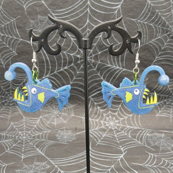 Angler Fish Dangle Earrings, Glow in the Dark Resin Angler Fish Earrings