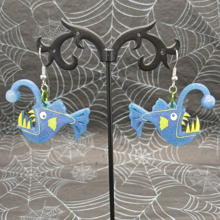 Angler Fish Dangle Earrings, Glow in the Dark Resin Angler Fish Earrings