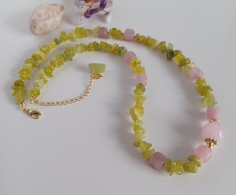 Sweet Rose Quartz & Olive Jade Gemstone Choker, Adjustable Length