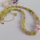 Sweet Rose Quartz & Olive Jade Gemstone Choker, Adjustable Length