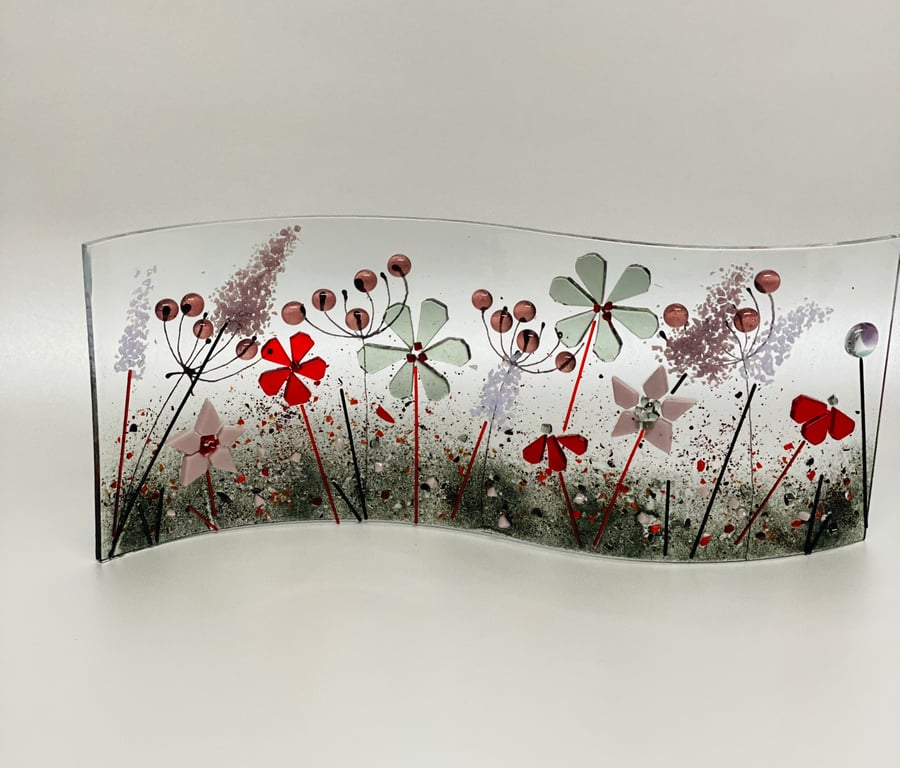  Pink and grey fused glass freestanding meadow ornament . Attractive wave shape