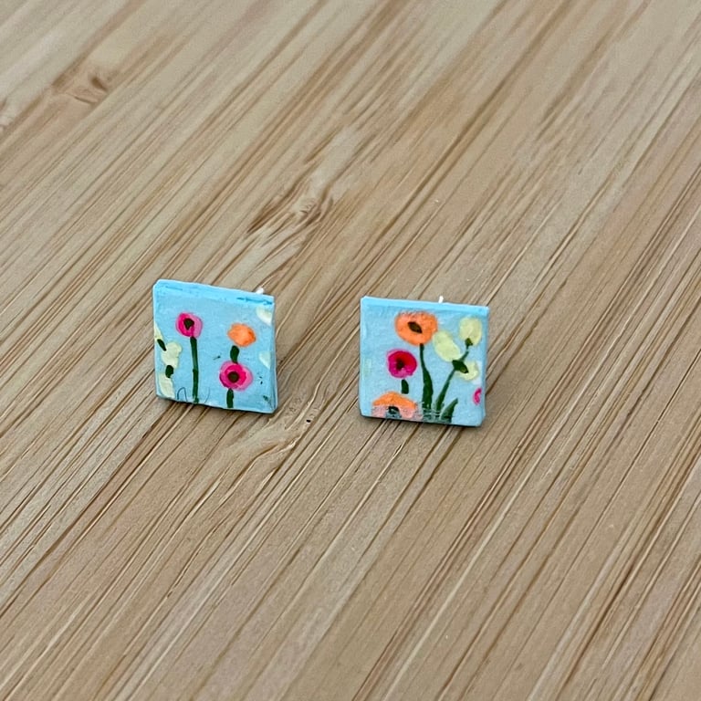 1 CM Square Stud Hand-painted Paper Earrings