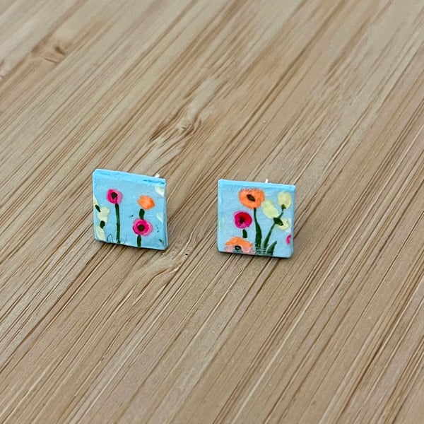 1 CM Square Stud Hand-painted Paper Earrings