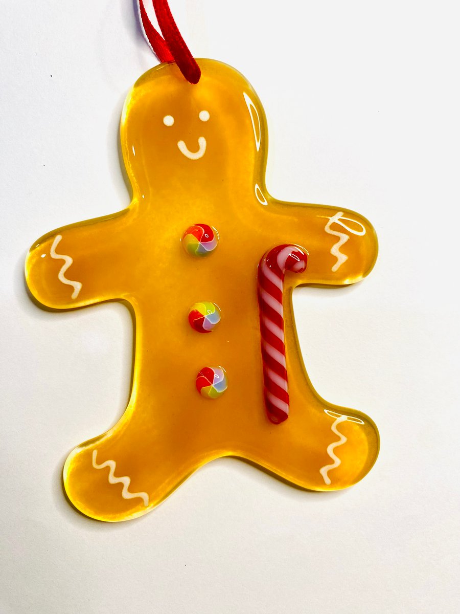 Fused glass gingerbread Man Xmas tree decoration rainbow candy cane  