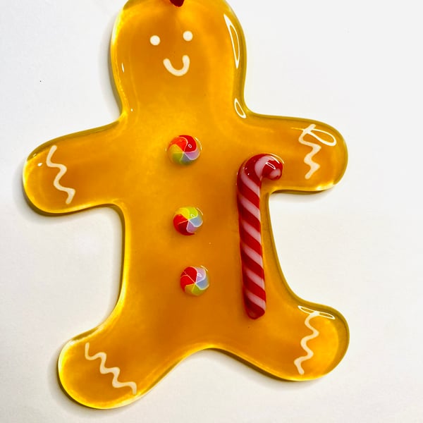 Fused glass gingerbread Man Xmas tree decoration rainbow candy cane  