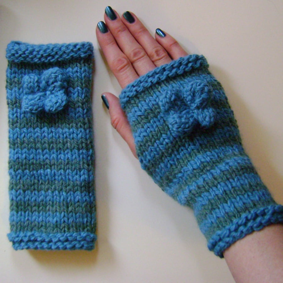 Fingerless Gloves Wrist Warmers Mittens Green and Teal Blue Stripe with Flower