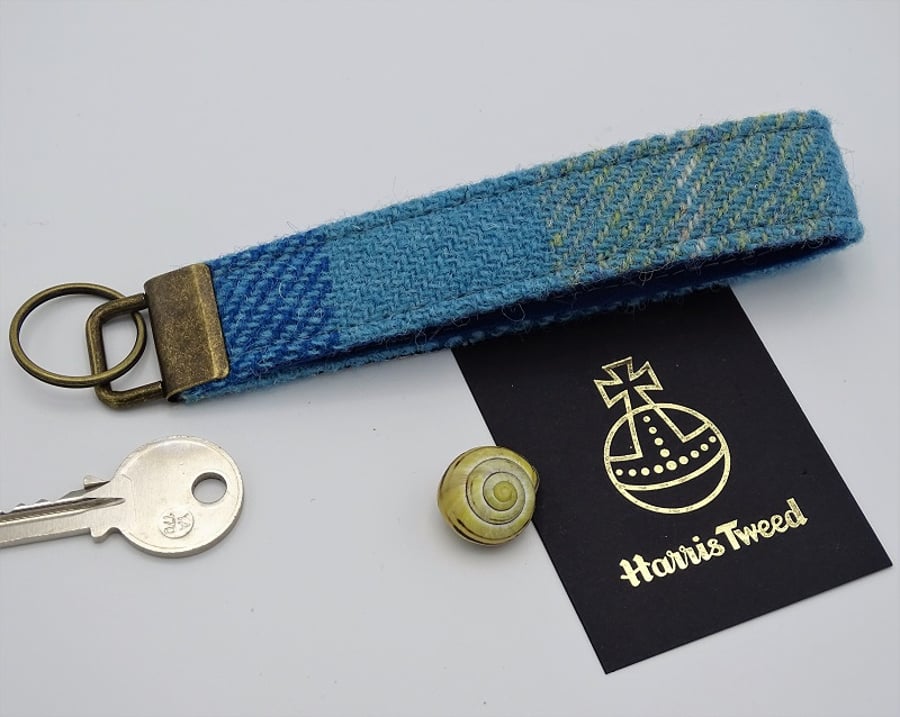 Harris Tweed key fob wrist strap in turquoise and aqua