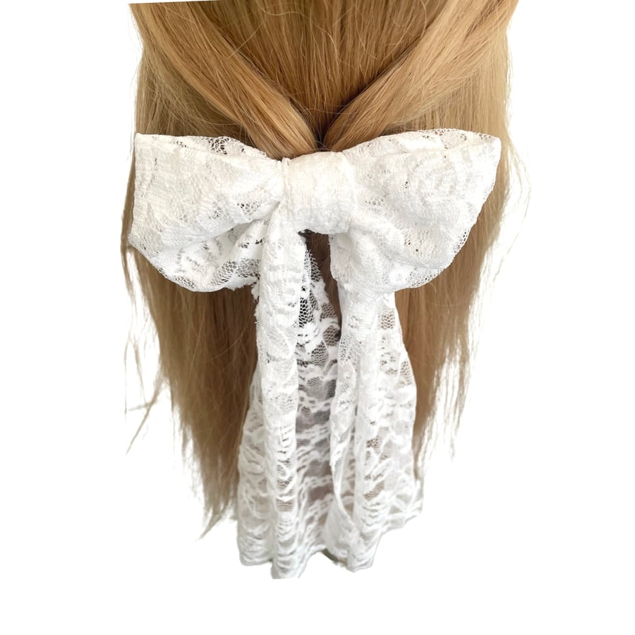 White Lace Long Tail Bridal Wedding Hair Bow Clip Bachelor Party Bride Oversized