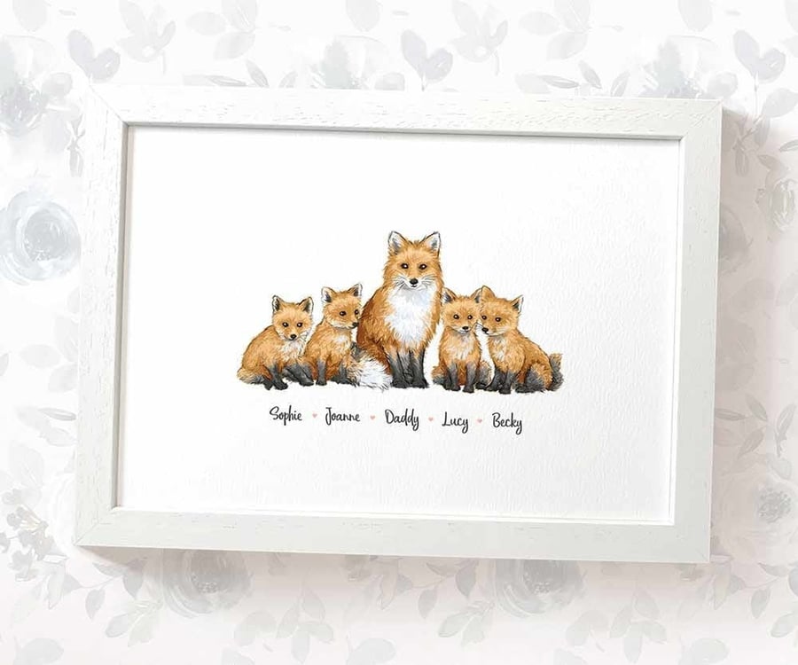 Personalised fox family print with names - mothers day or birthday gift
