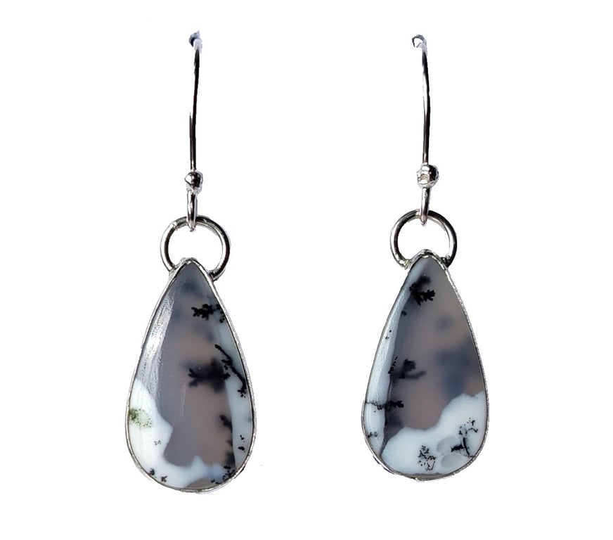 Dendritic Agate Earrings Silver Jewellery Gift Teardrop Dangle Snow Scene 925