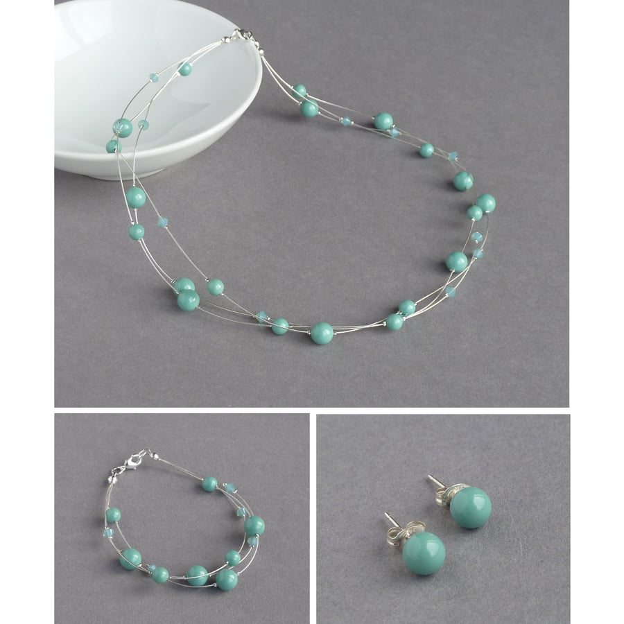 Aqua Floating Pearl Jewellery Set - Jade Necklace, Bracelet and Stud Earrings