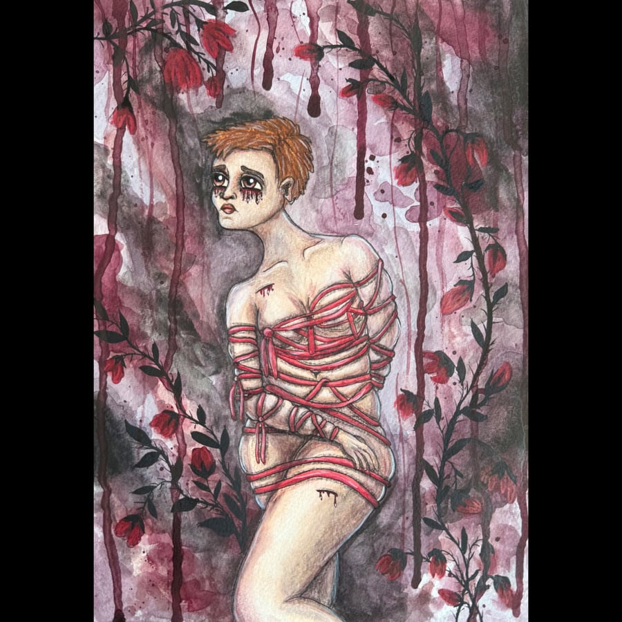 Haunted - Original A4 Figurative, Emotional, Horror painting with Red Rope