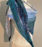 Hand Knitted Asymmetrical Wrap in Blues, Teal and White - Image 2