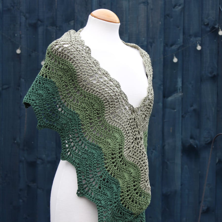 Crochet wrap in three shades of olive green 100% Cotton - design A193