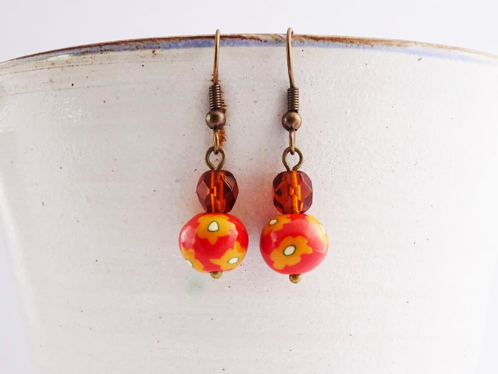 Orange and Yellow Flower Earrings, Beaded Drop Earrings, Burnt orange jewellery