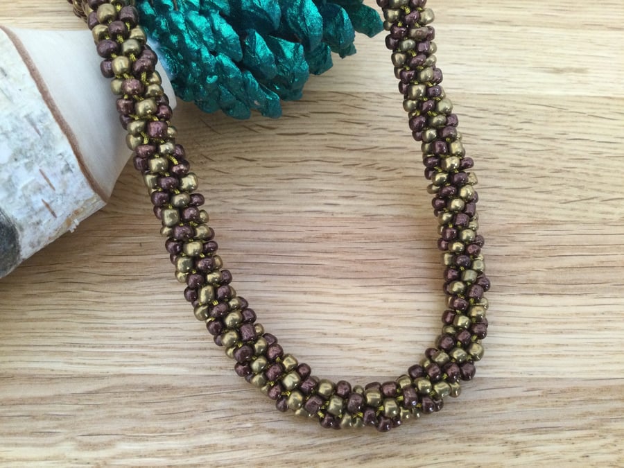 Brown and Gold Seed Bead Kumihimo Necklace