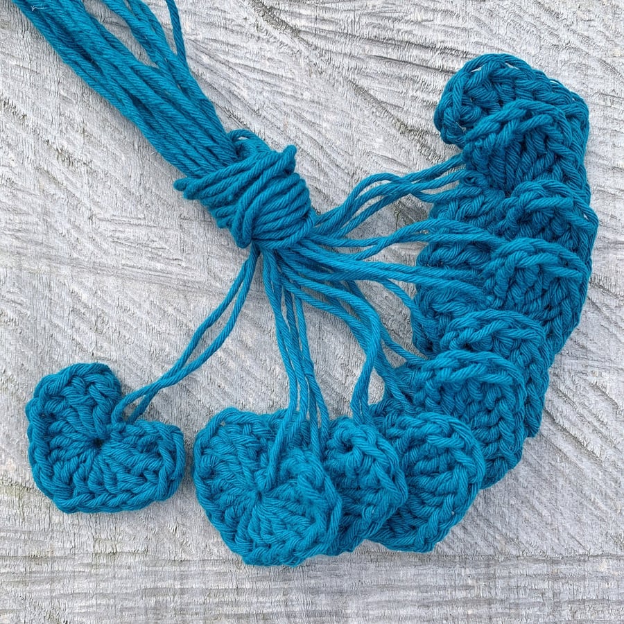 Ten Crochet Hearts in Cotton Mix Yarn - Sea Blue