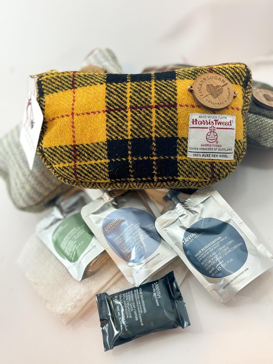 Harris Tweed wash bag filled with eco toiletries