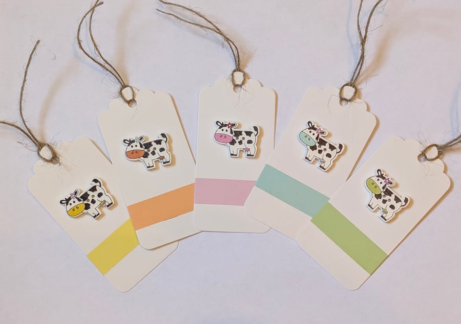 Homemade gift tags made with buttons in packs of 5 - cows