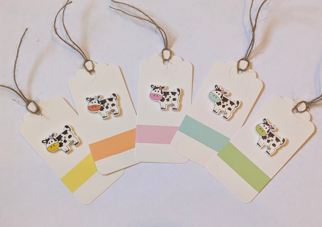 Homemade gift tags made with buttons in packs of 5 - cows