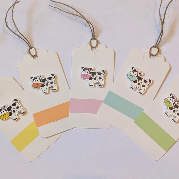 Homemade gift tags made with buttons in packs of 5 - cows