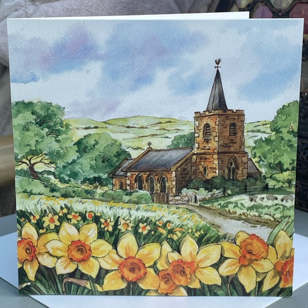 Country church in a field of daffodils